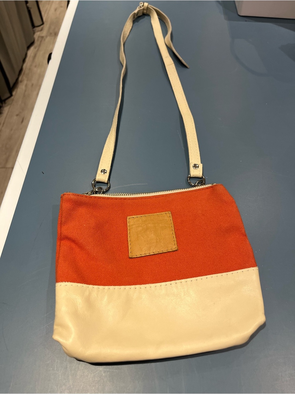 Canvas and Leather Crossbody Bag in Orange and Cream